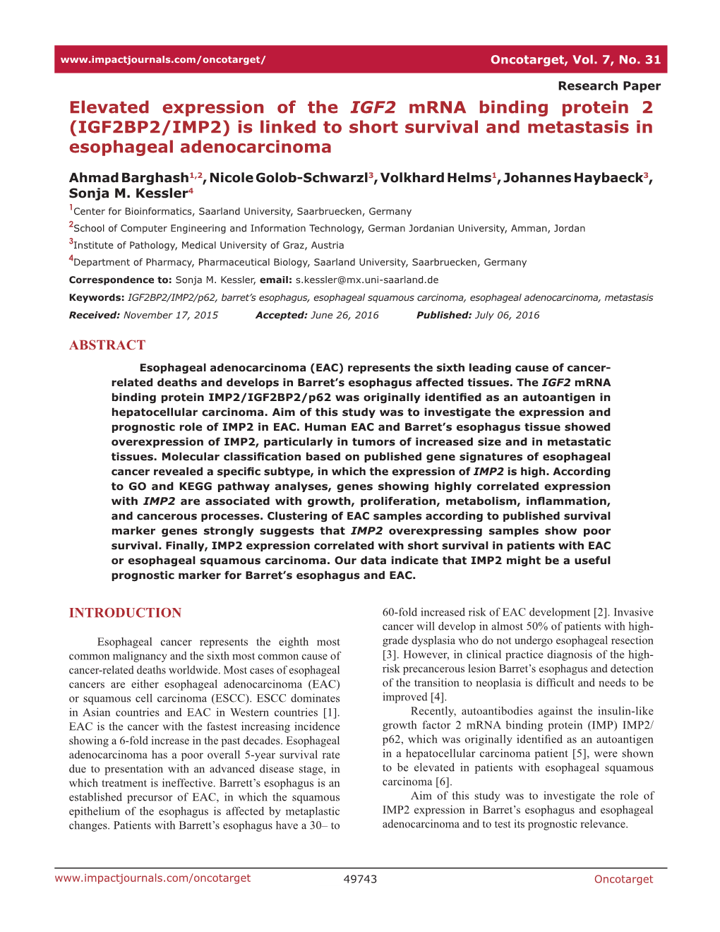 Elevated Expression of the IGF2 Mrna Binding Protein 2 (IGF2BP2/IMP2) Is Linked to Short Survival and Metastasis in Esophageal Adenocarcinoma