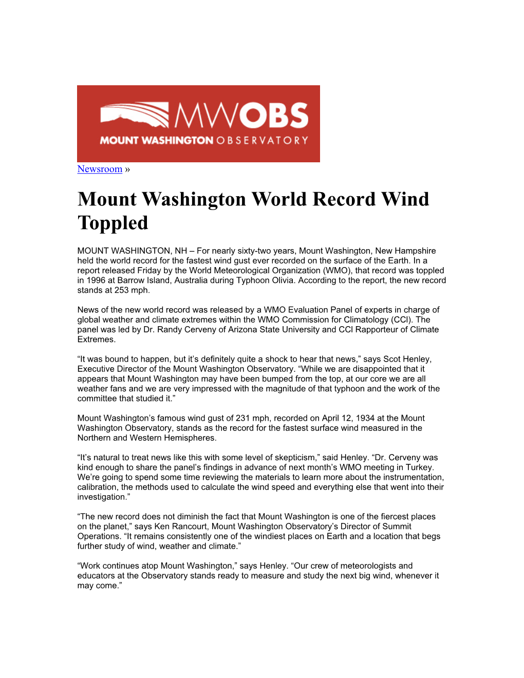Mount Washington World Record Wind Toppled
