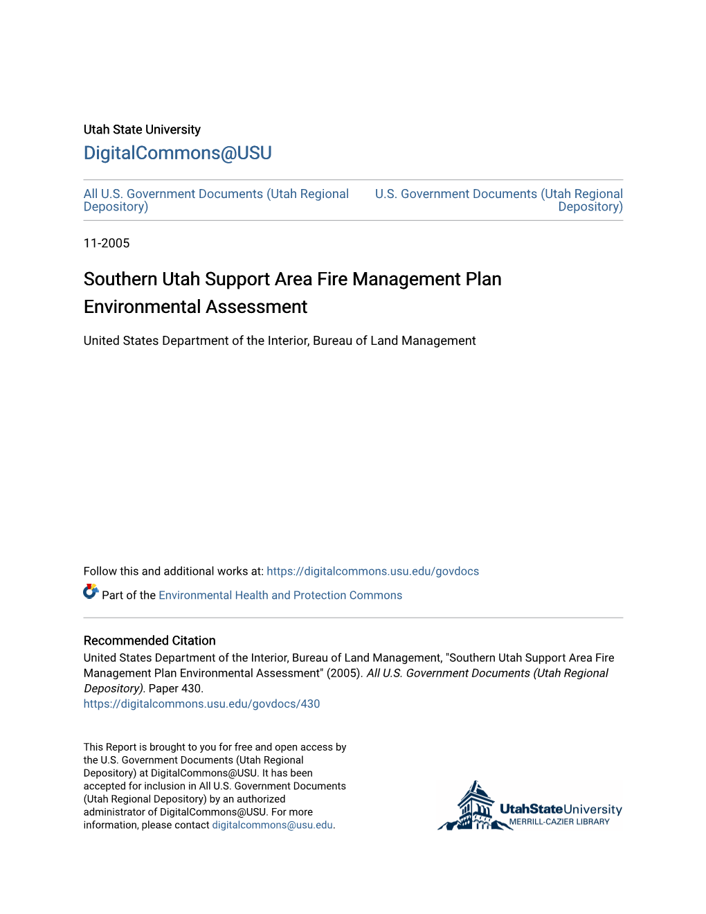 Southern Utah Support Area Fire Management Plan Environmental Assessment