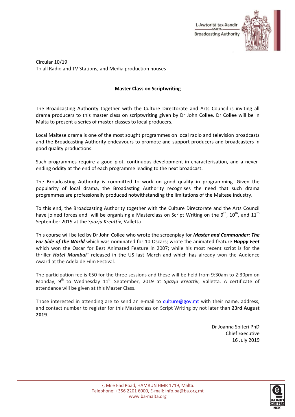 Circular 10/19 to All Radio and TV Stations, and Media Production Houses Master Class on Scriptwriting the Broadcasting Authorit