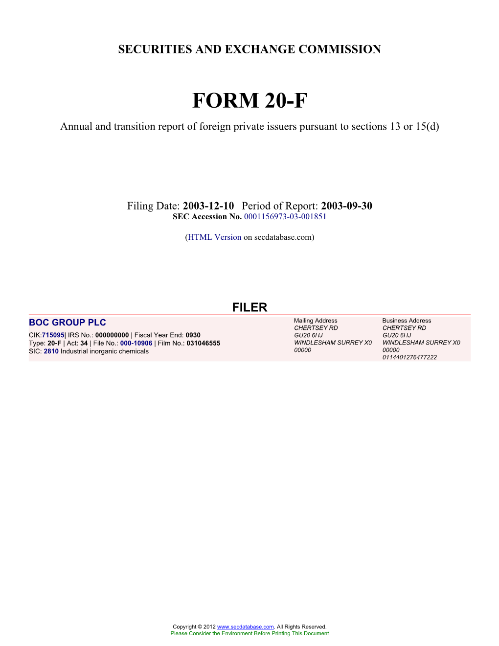 BOC GROUP PLC (Form: 20-F, Filing Date: 12/10/2003)