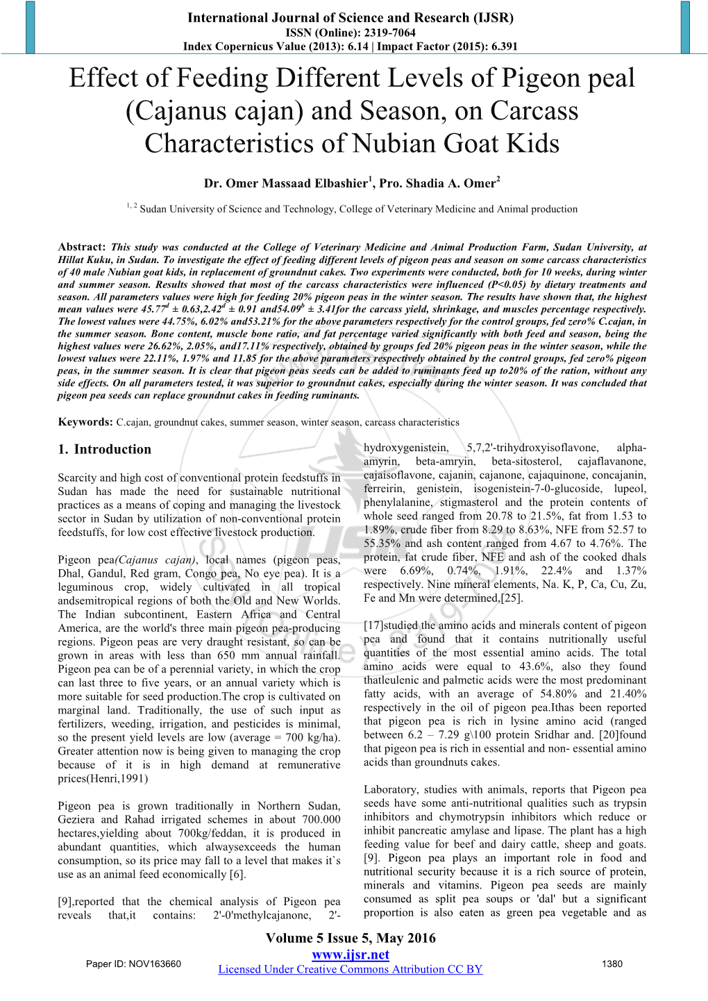 Cajanus Cajan) and Season, on Carcass Characteristics of Nubian Goat Kids