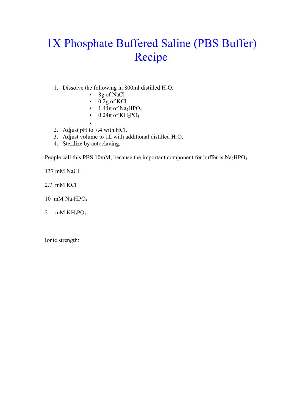 1X Phosphate Buffered Saline (PBS Buffer) Recipe