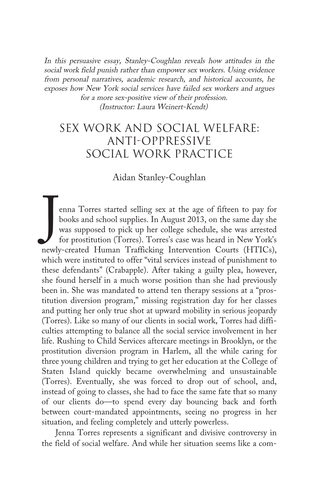 Sex Work and Social Welfare: Anti-Oppressive Social Work Practice