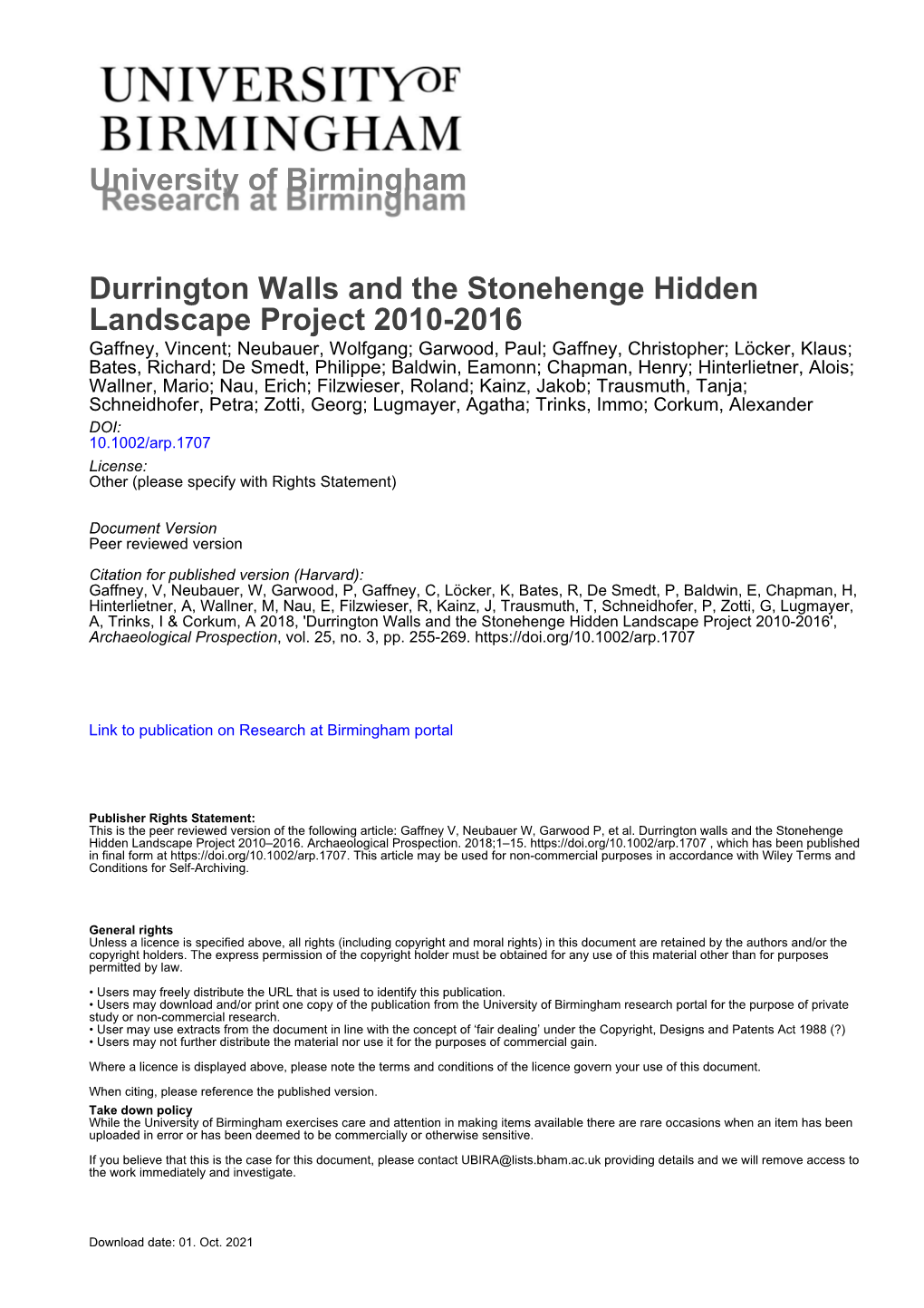 University of Birmingham Durrington Walls and the Stonehenge Hidden