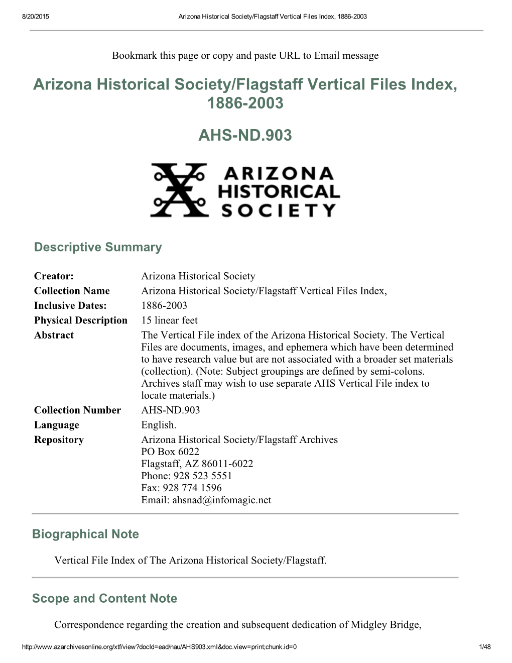 Arizona Historical Society/Flagstaff Vertical Files Index, 18862003