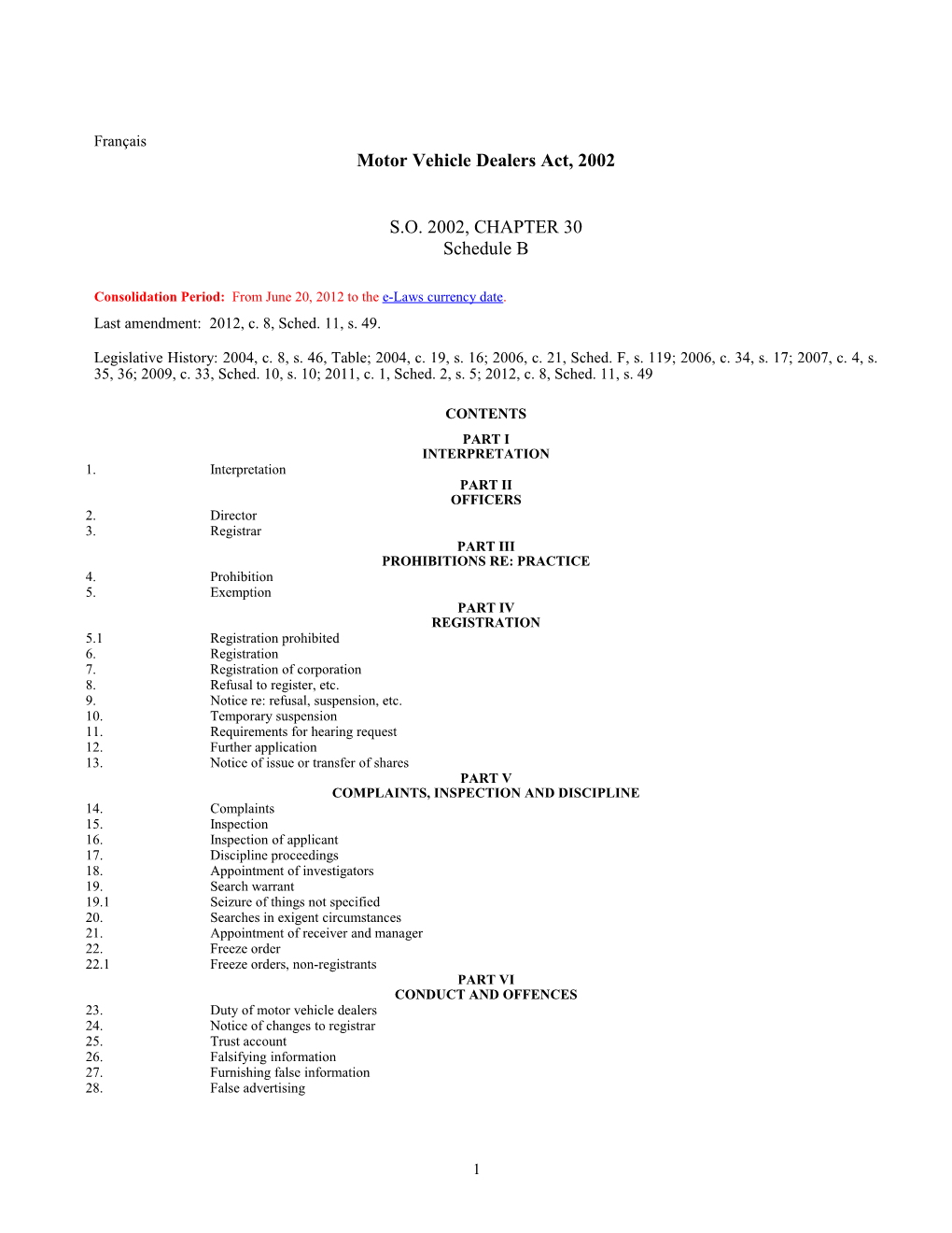 Motor Vehicle Dealers Act, 2002, S.O. 2002, C. 30, Sched. B