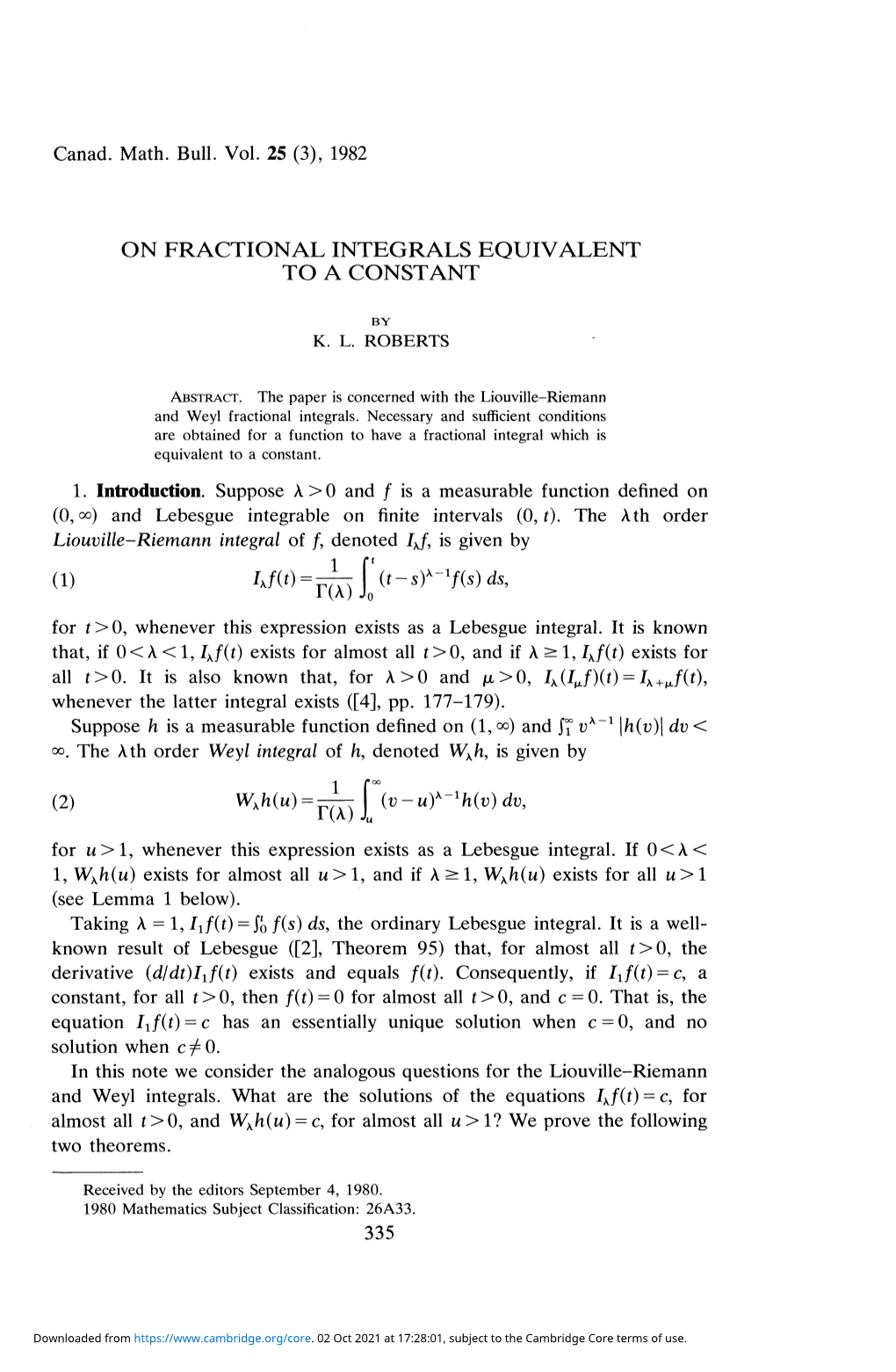 On Fractional Integrals Equivalent to a Constant