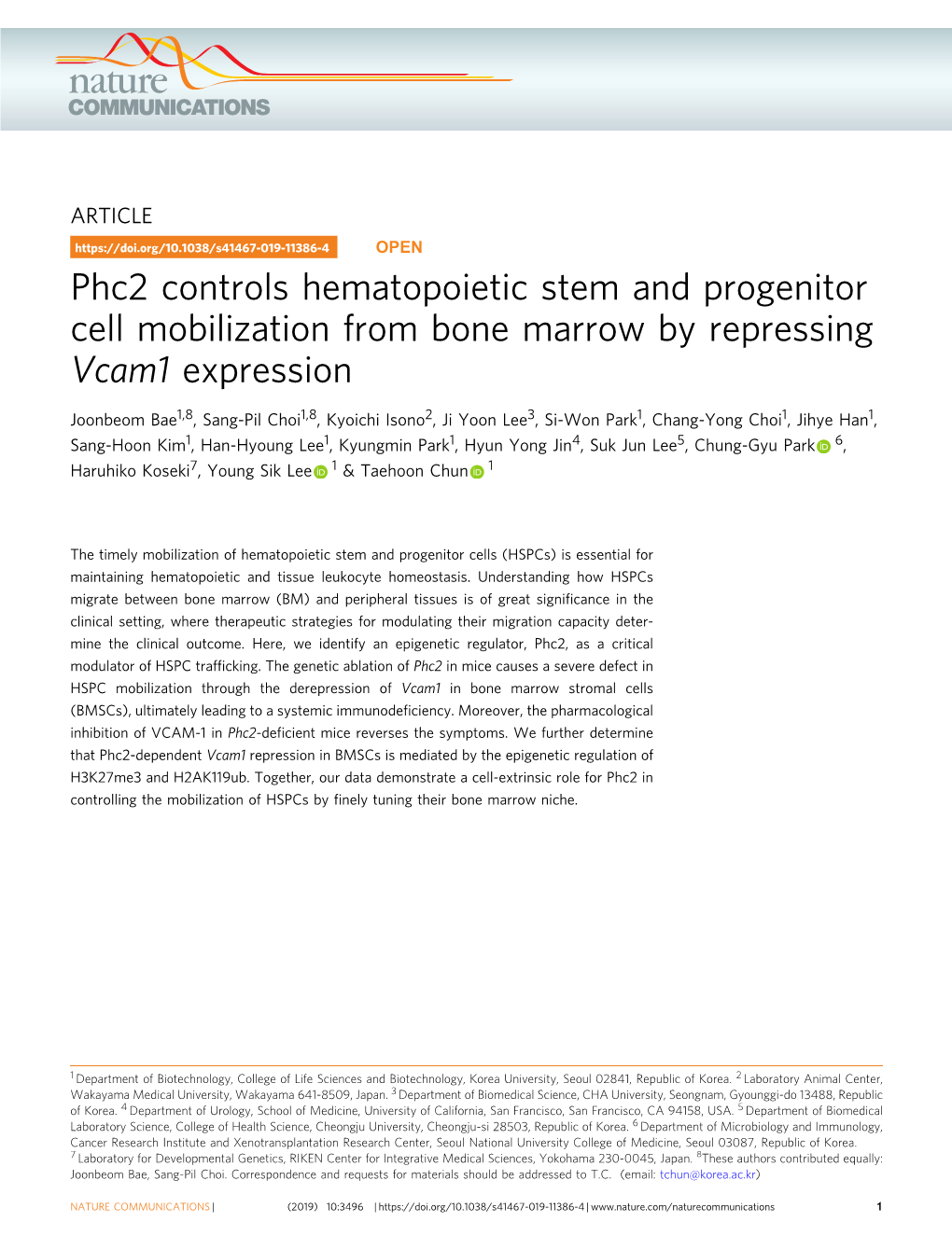 Phc2 Controls Hematopoietic Stem and Progenitor Cell Mobilization from Bone Marrow by Repressing Vcam1 Expression