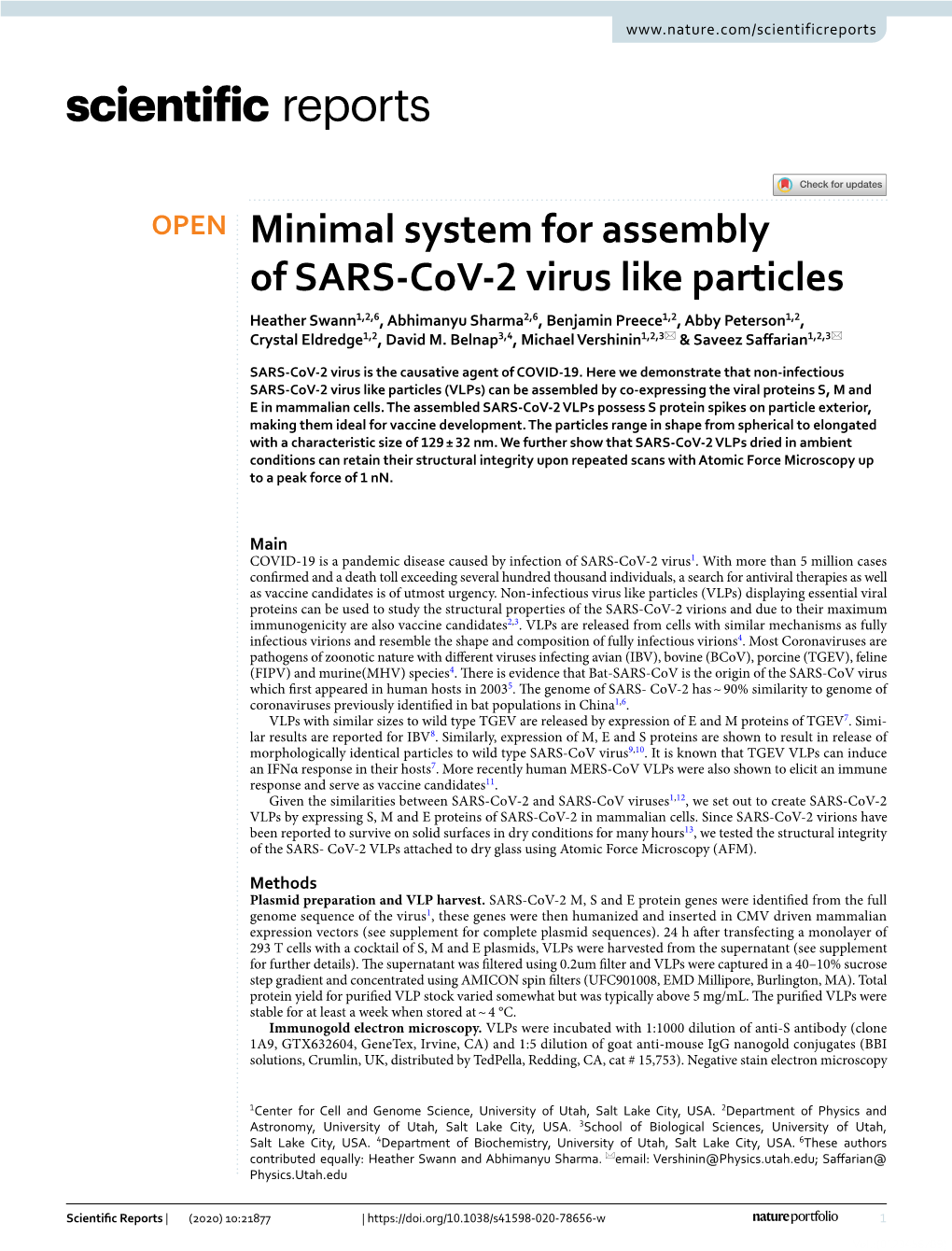 Minimal System for Assembly of SARS-Cov-2 Virus Like Particles