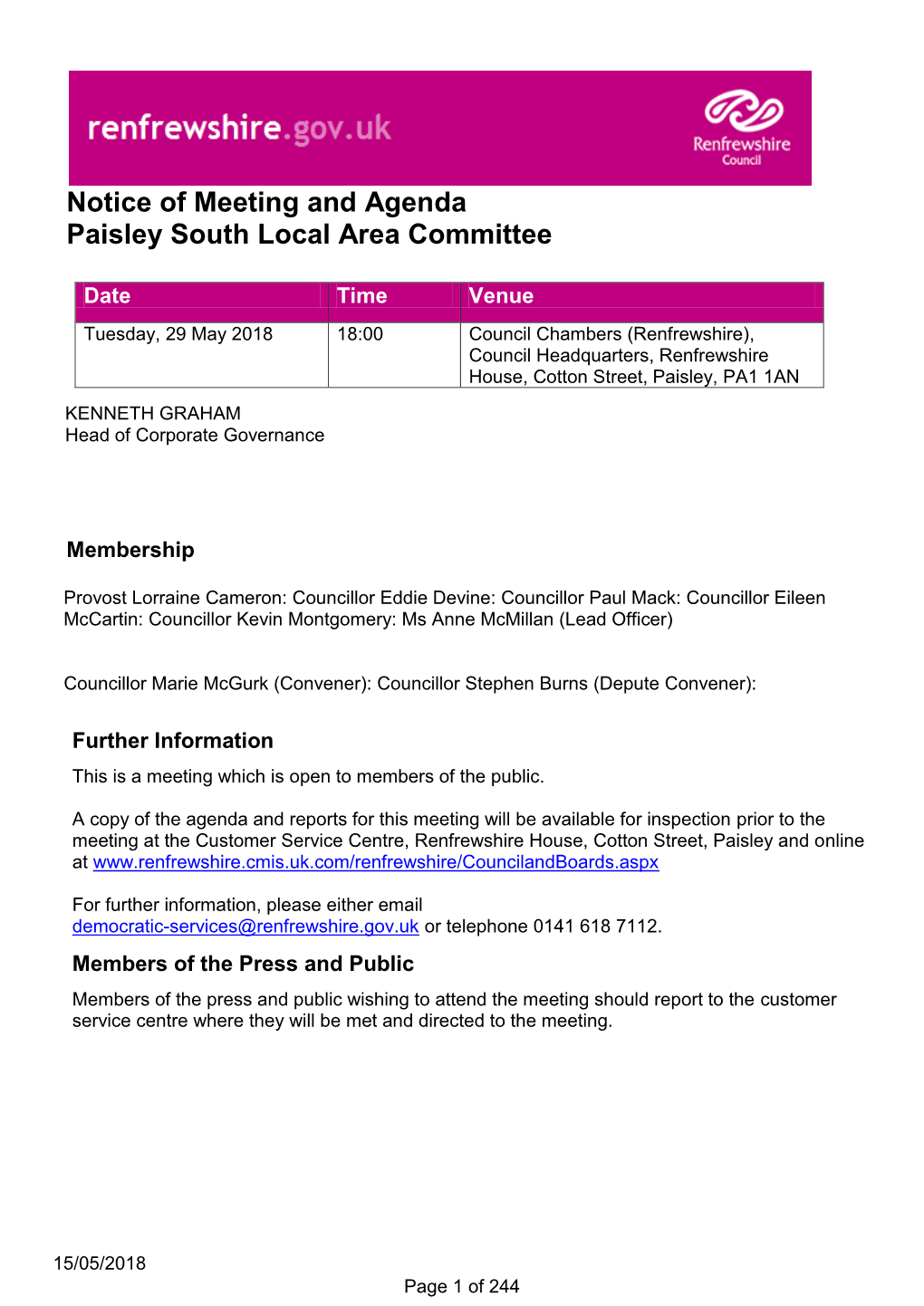 Notice of Meeting and Agenda Paisley South Local Area Committee