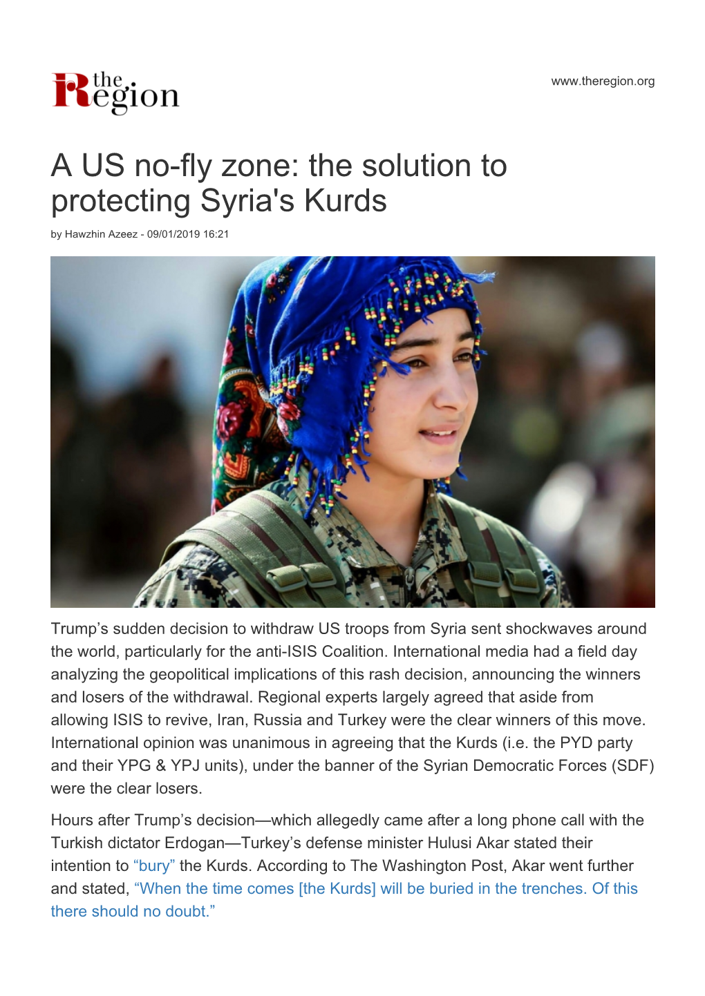 A US No-Fly Zone: the Solution to Protecting Syria's Kurds by Hawzhin Azeez - 09/01/2019 16:21