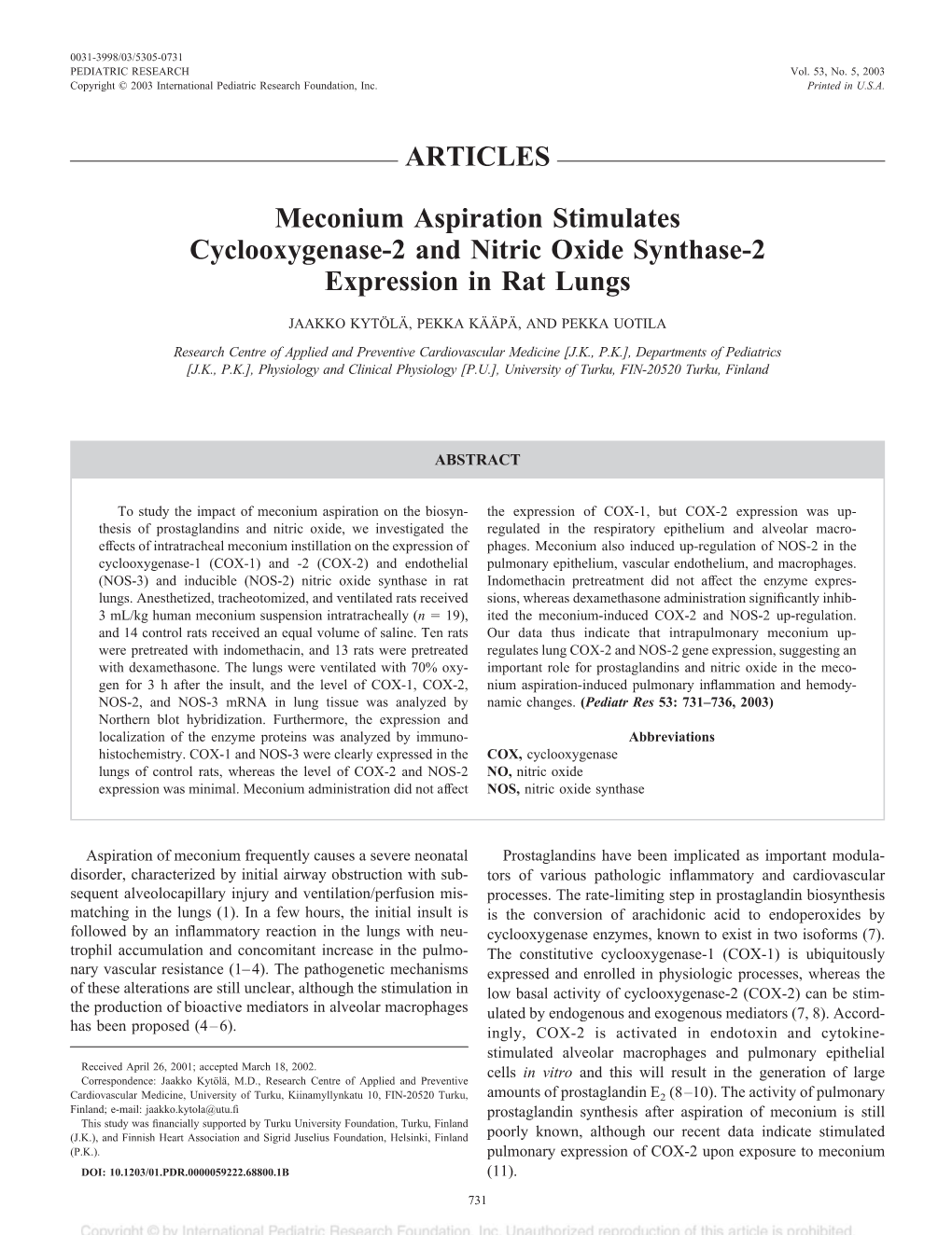 Meconium Aspiration Stimulates Cyclooxygenase-2 and Nitric Oxide Synthase-2 Expression in Rat Lungs