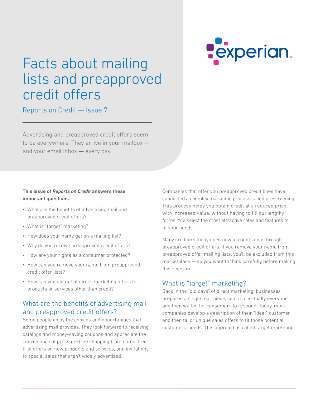 Facts About Mailing Lists and Preapproved Credit Offers Reports on Credit — Issue 7