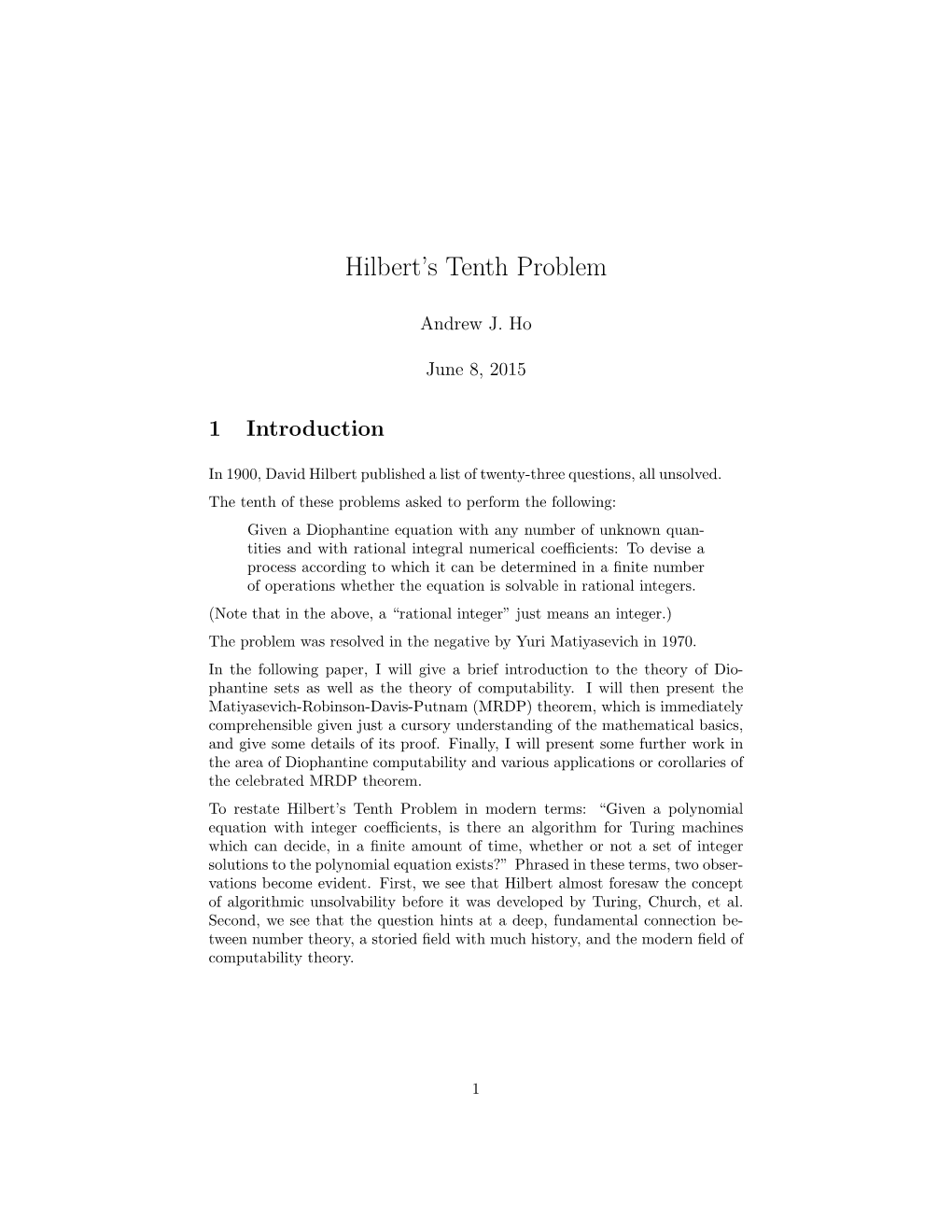 Hilbert's Tenth Problem