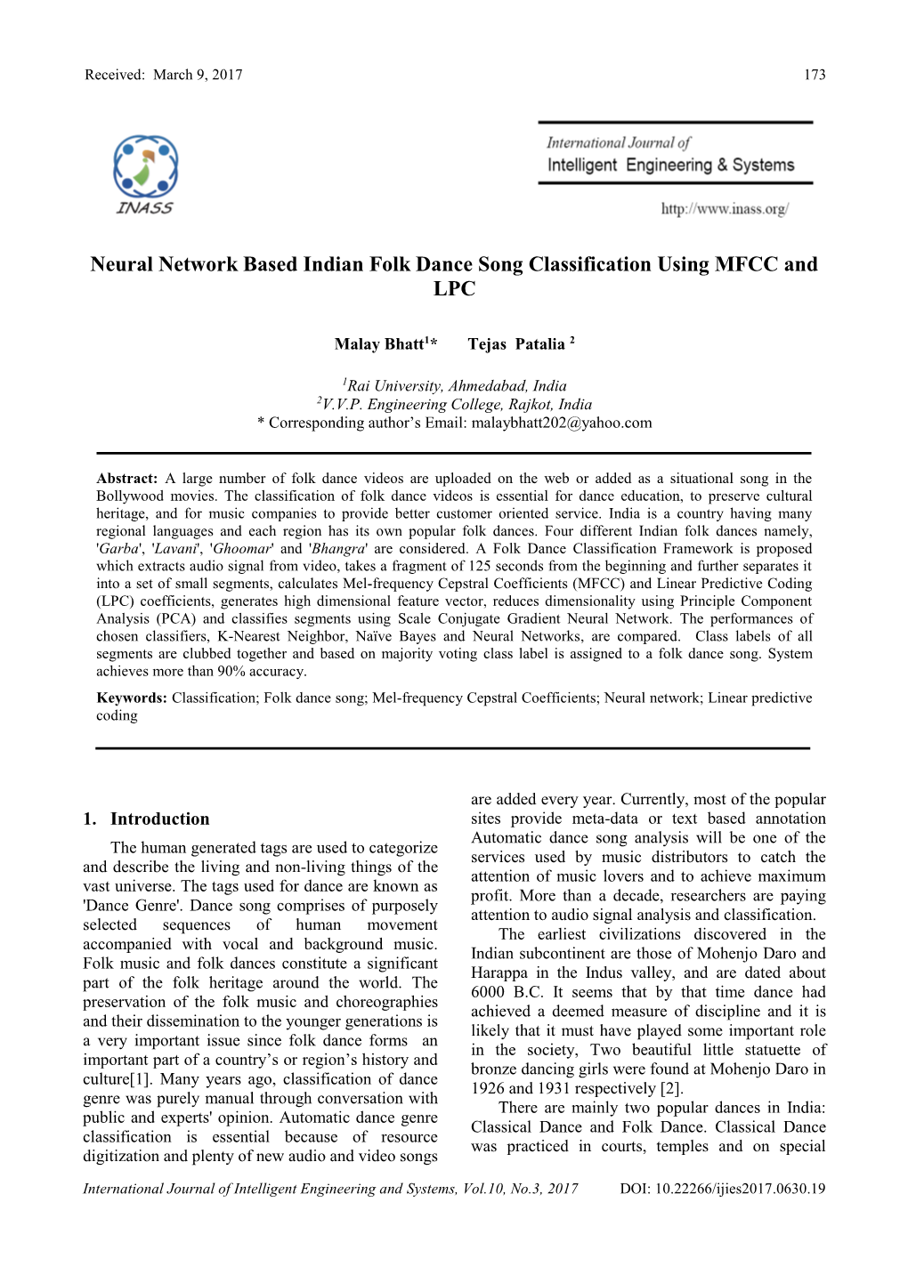 Neural Network Based Indian Folk Dance Song Classification Using MFCC and LPC