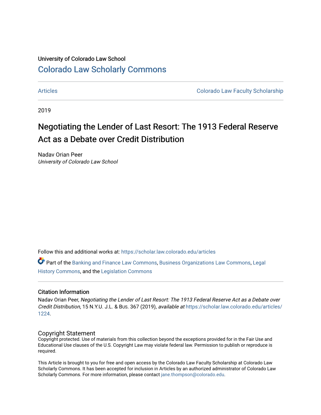 The 1913 Federal Reserve Act As a Debate Over Credit Distribution