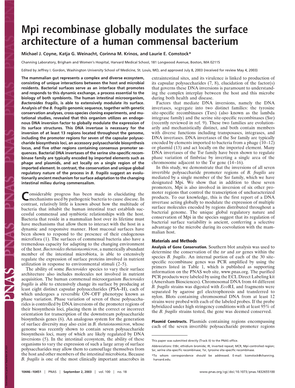 Mpi Recombinase Globally Modulates the Surface Architecture of a Human Commensal Bacterium