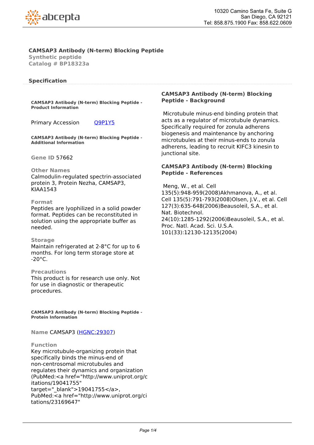 CAMSAP3 Antibody (N-Term) Blocking Peptide Synthetic Peptide Catalog # Bp18323a