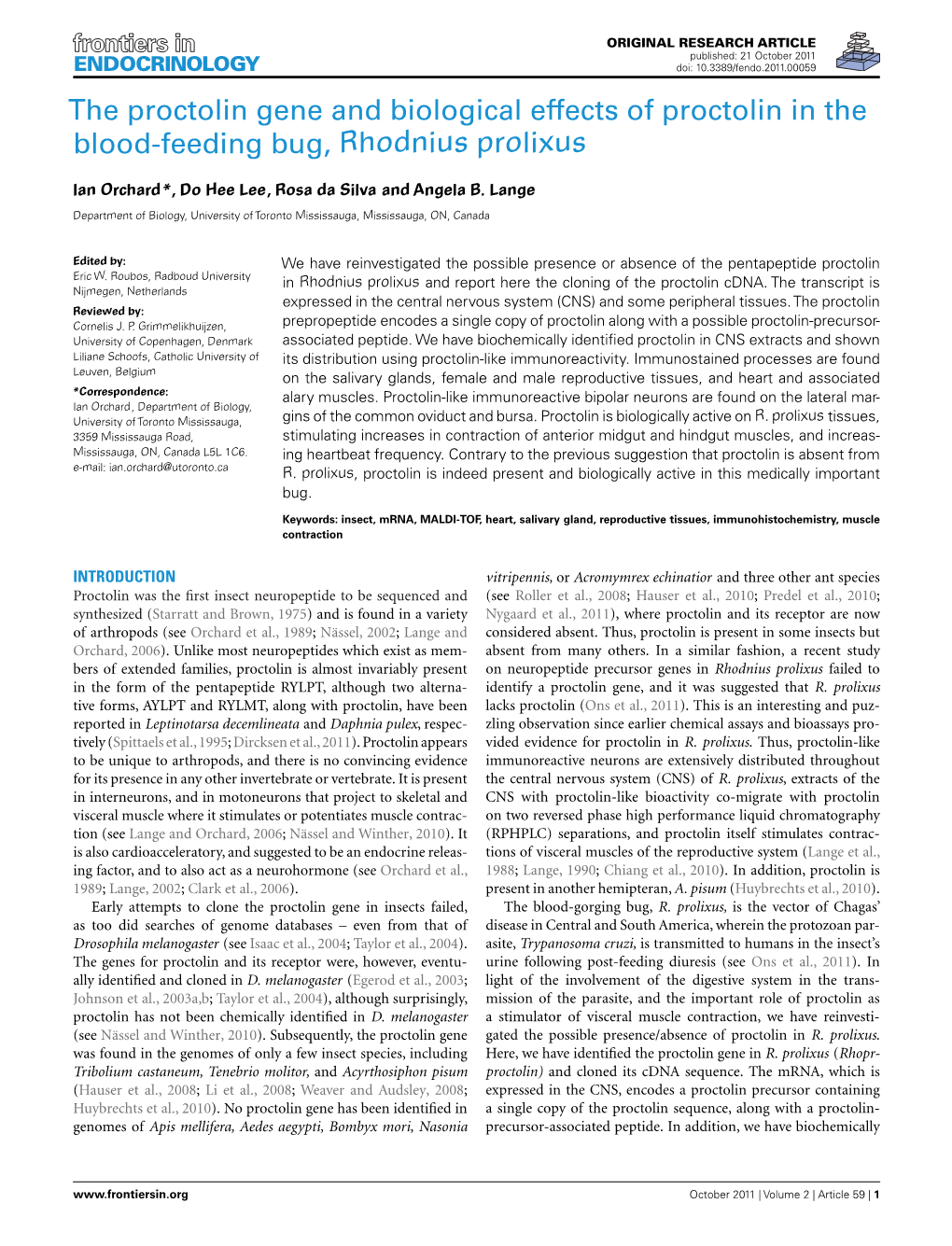 The Proctolin Gene and Biological Effects of Proctolin in the Blood-Feeding Bug, Rhodnius Prolixus