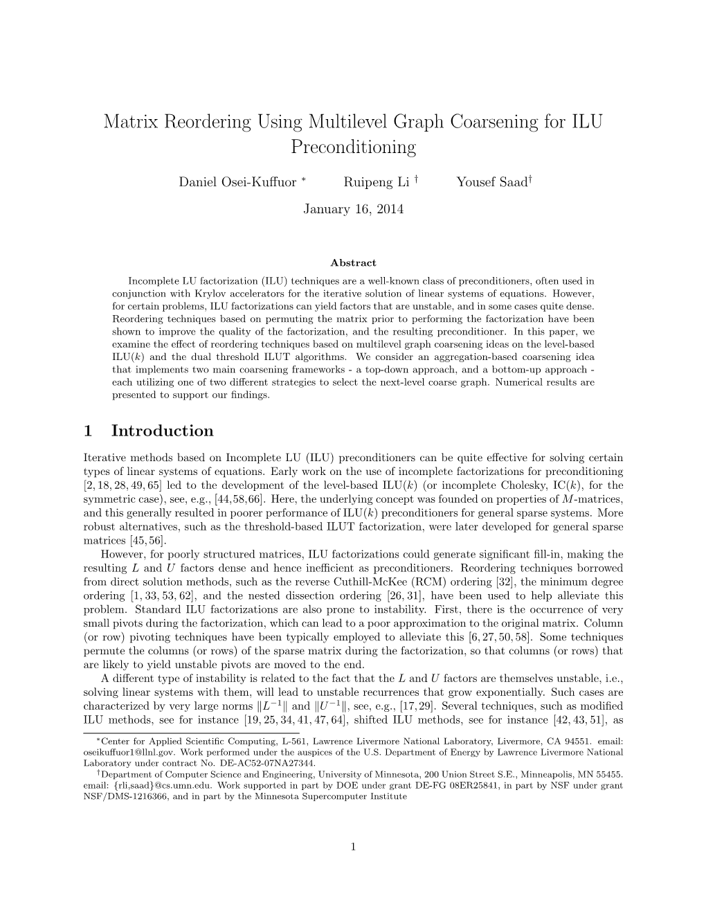 Matrix Reordering Using Multilevel Graph Coarsening for ILU Preconditioning