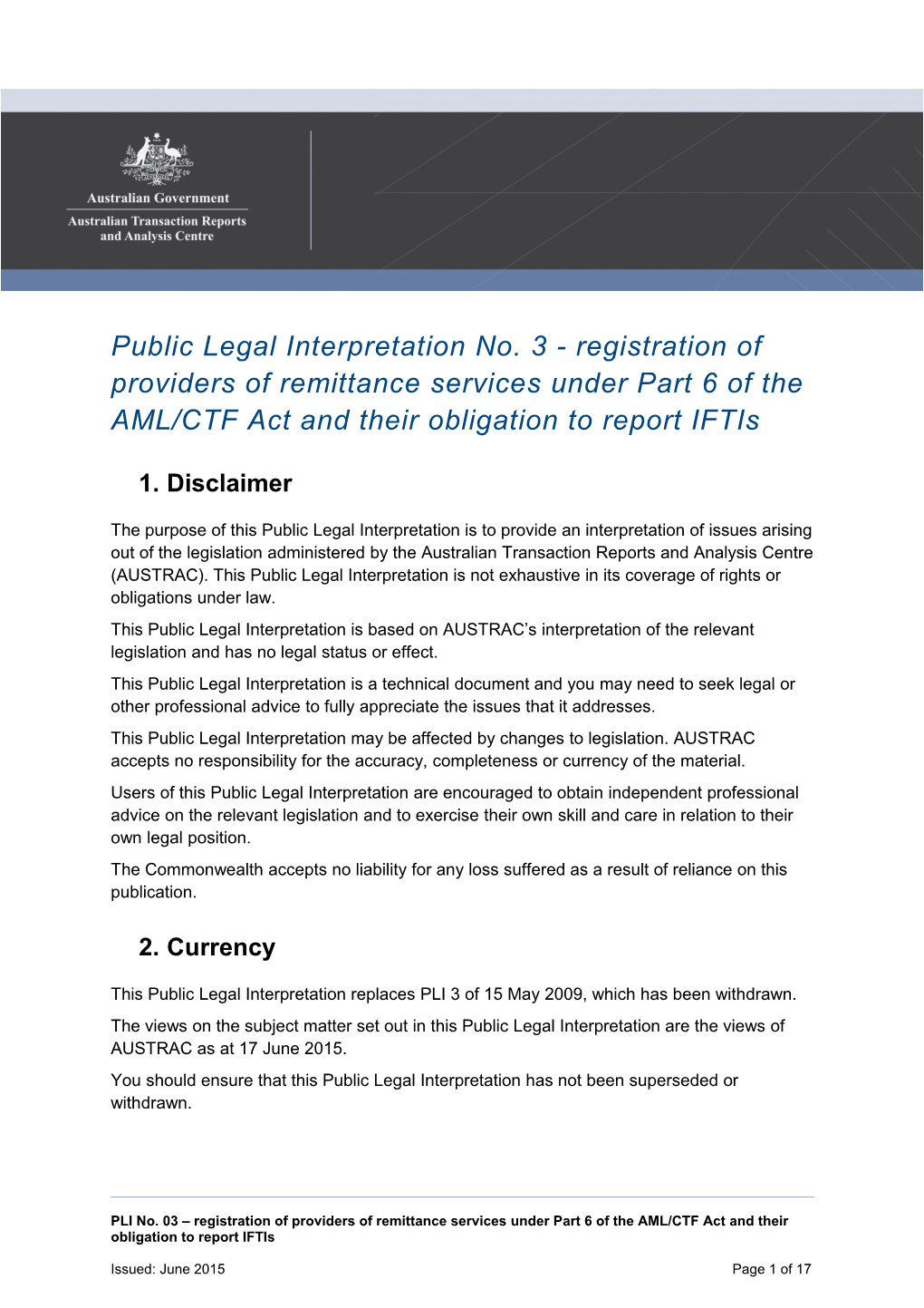 Public Legal Interpretation No. 3 - Registration of Providers of Remittance Services Under