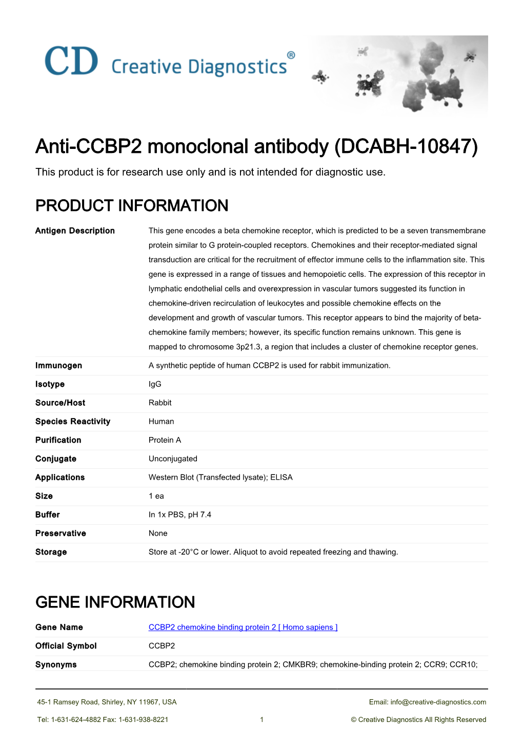 Anti-CCBP2 Monoclonal Antibody (DCABH-10847) This Product Is for Research Use Only and Is Not Intended for Diagnostic Use