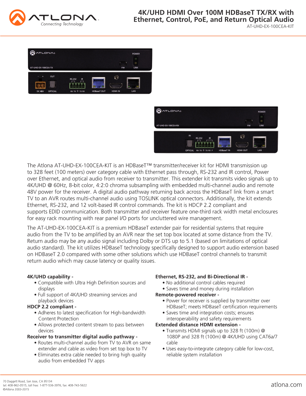 4K/UHD HDMI Over 100M Hdbaset TX/RX with Ethernet, Control, Poe, and Return Optical Audio AT-UHD-EX-100CEA-KIT