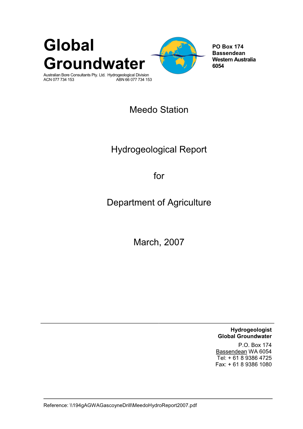 Meedo Hydrogeology Report for Department of Agriculture and Food, W
