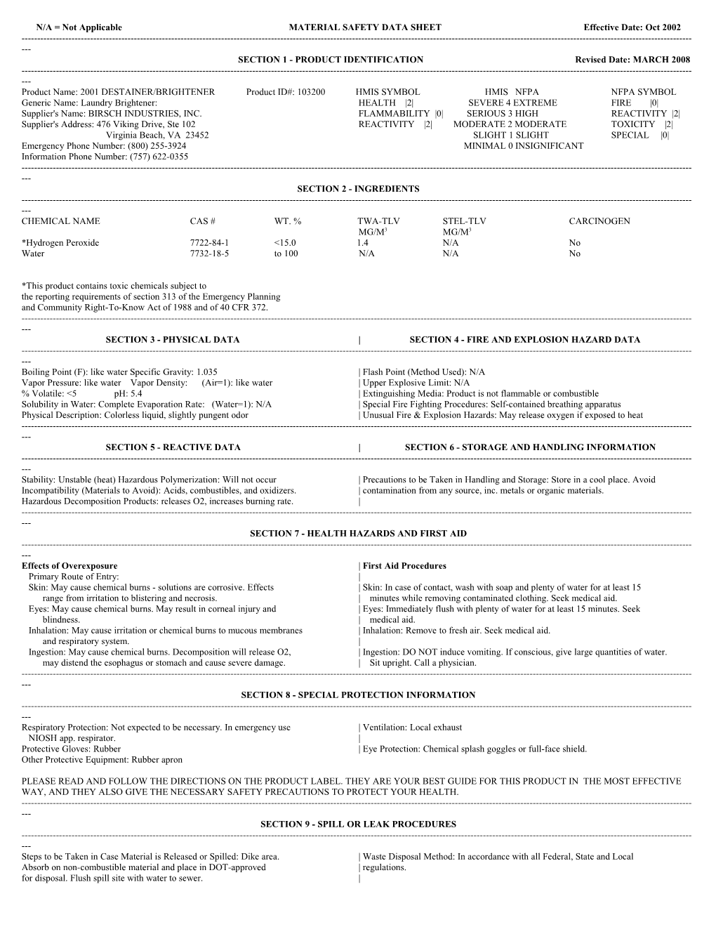 N/A = Not Applicable MATERIAL SAFETY DATA SHEET Effective Date: July 26, 1990