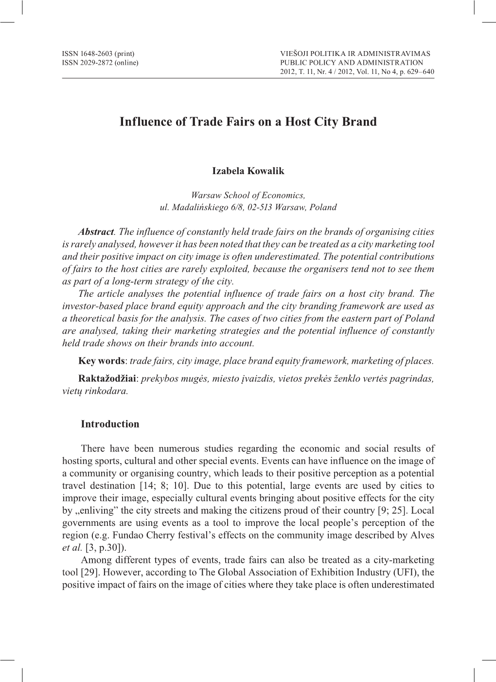 Influence of Trade Fairs on a Host City Brand