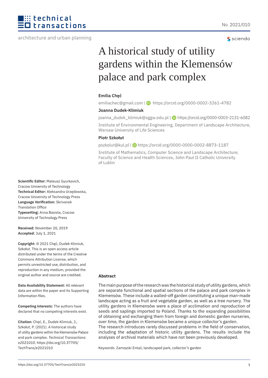 A Historical Study of Utility Gardens Within the Klemensów Palace and Park Complex