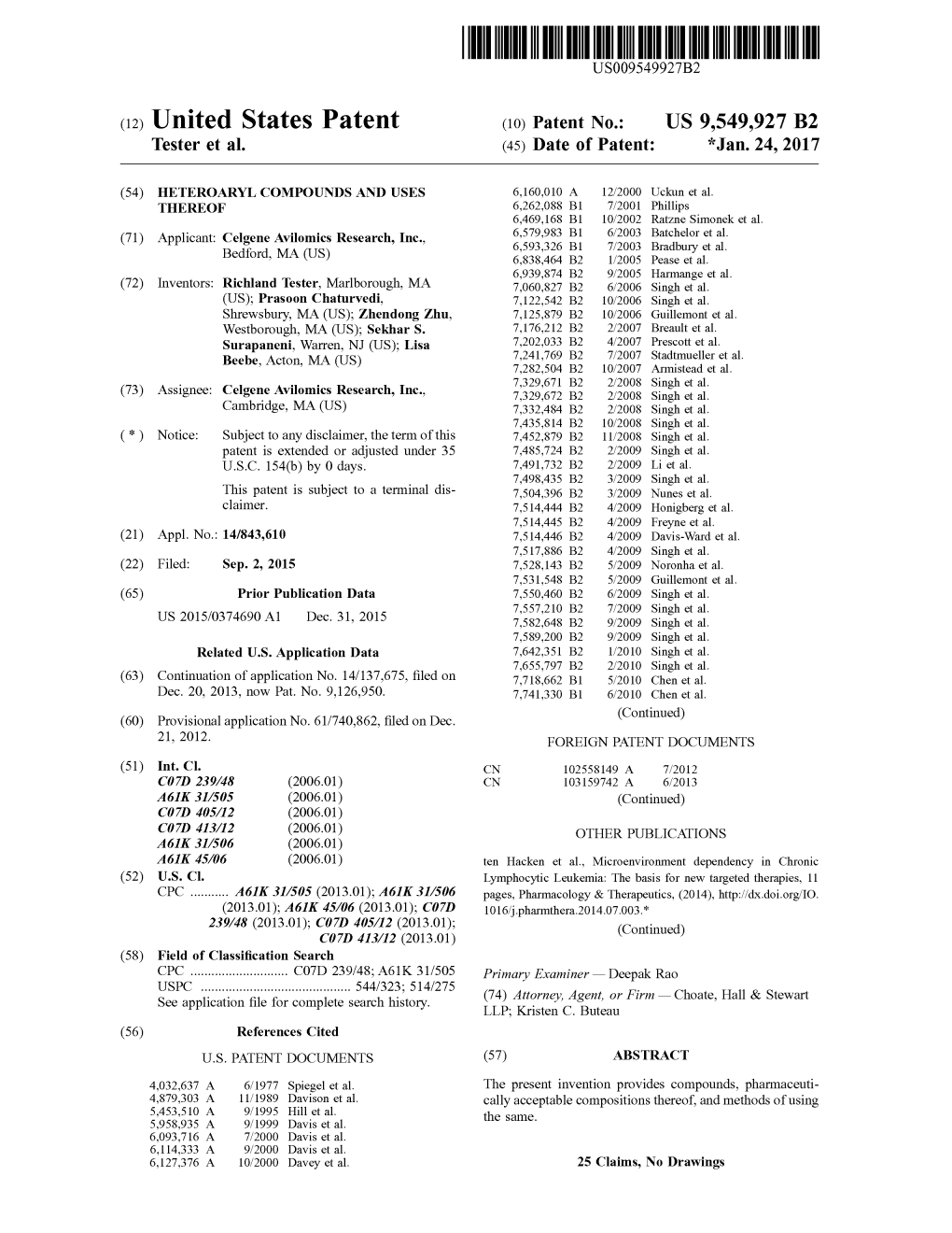 United States Patent (10) Patent No.: US 9,549,927 B2 Tester Et Al