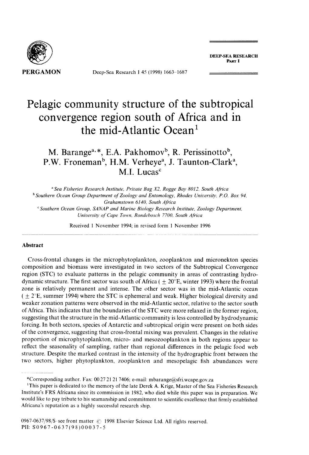Pelagic Community Structure of the Subtropical Convergence Region South of Africa and in the Mid-Atlantic Ocean1