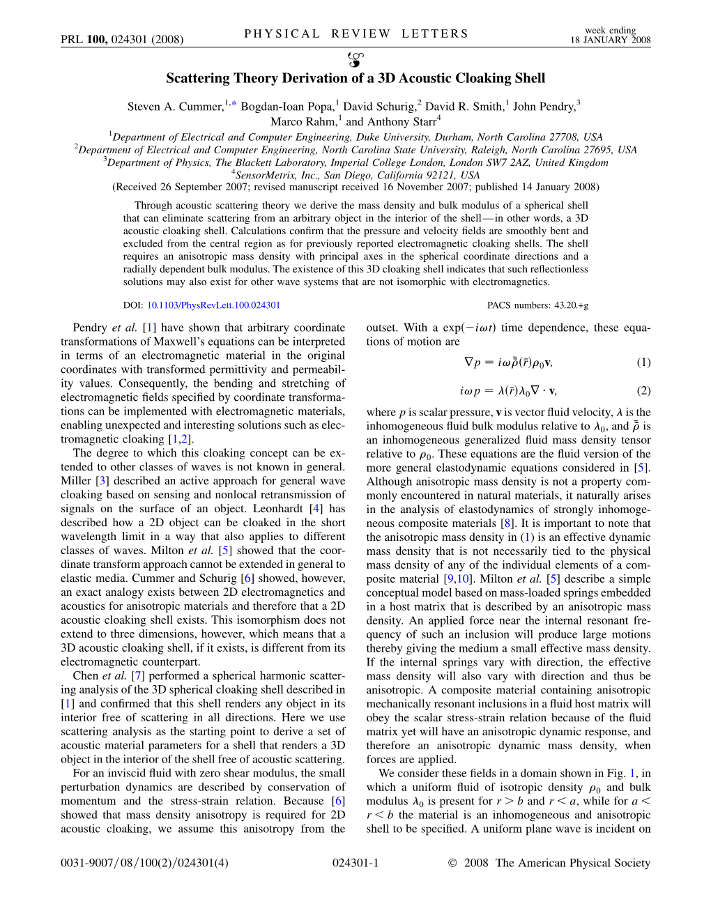 Scattering Theory Derivation of a 3D Acoustic Cloaking Shell