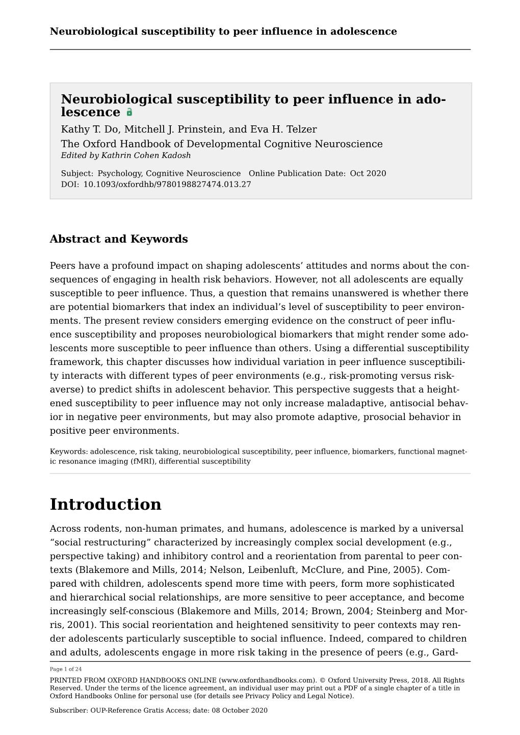 Neurobiological Susceptibility to Peer Influence in Adolescence