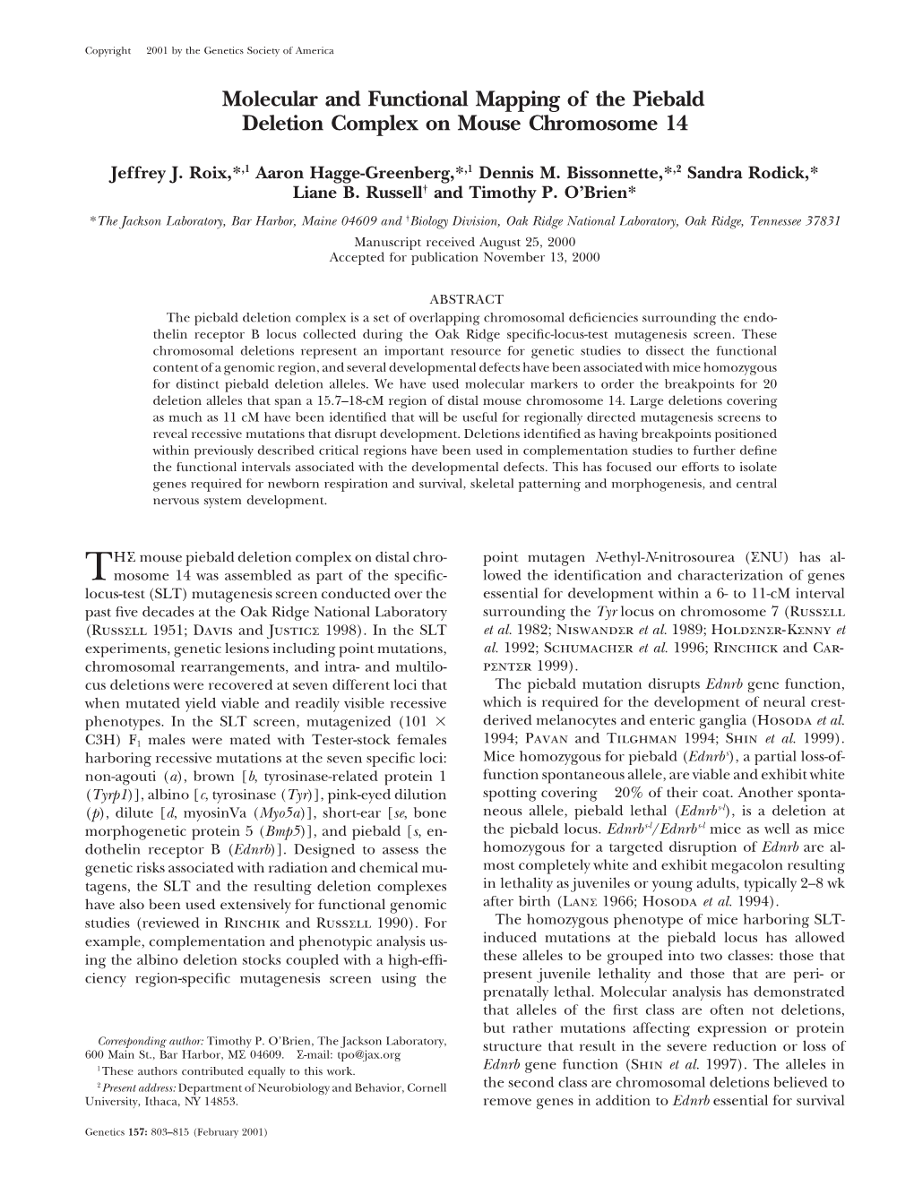 Molecular and Functional Mapping of the Piebald Deletion Complex on Mouse Chromosome 14