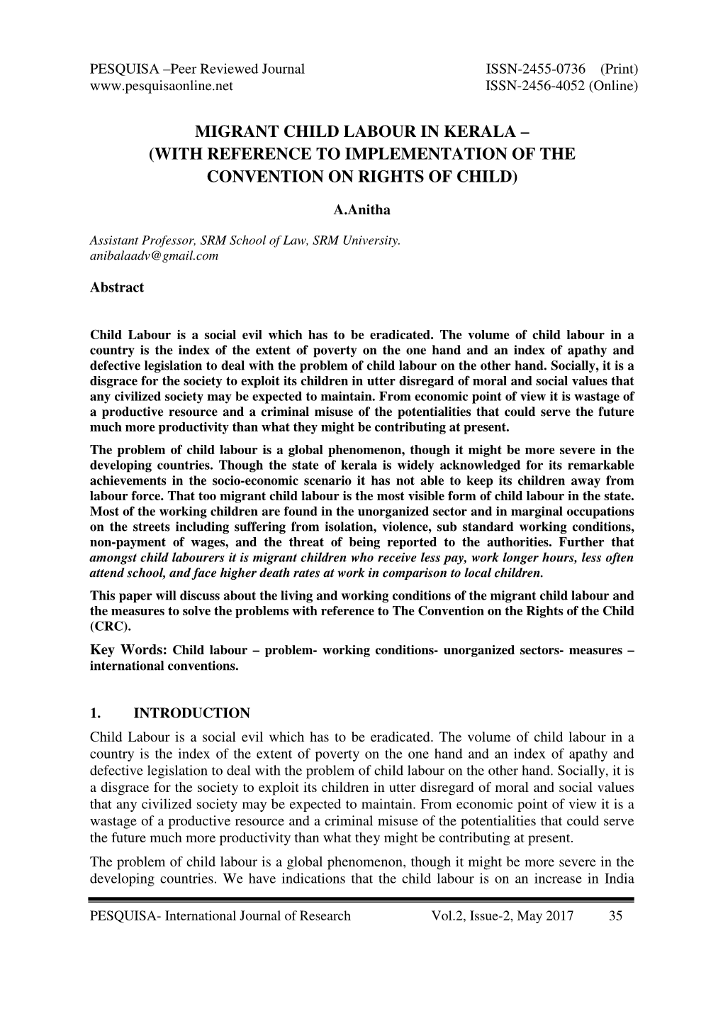 Migrant Child Labour in Kerala – (With Reference to Implementation of the Convention on Rights of Child)