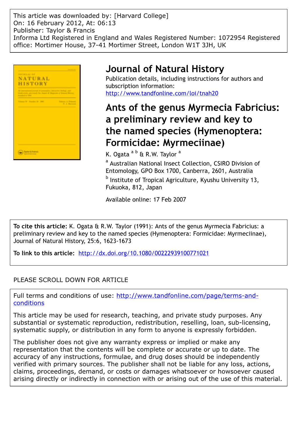 Ants of the Genus Myrmecia Fabricius: a Preliminary Review and Key to the Named Species (Hymenoptera: Formicidae: Myrmeciinae) K