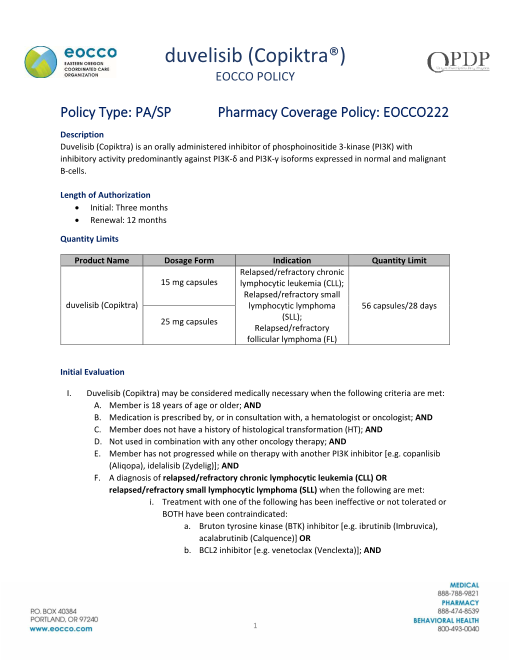 Duvelisib (Copiktra®) EOCCO POLICY