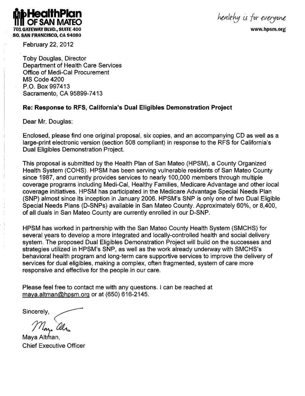 Response to RFS, California's Dual Eligibles Demonstration Project