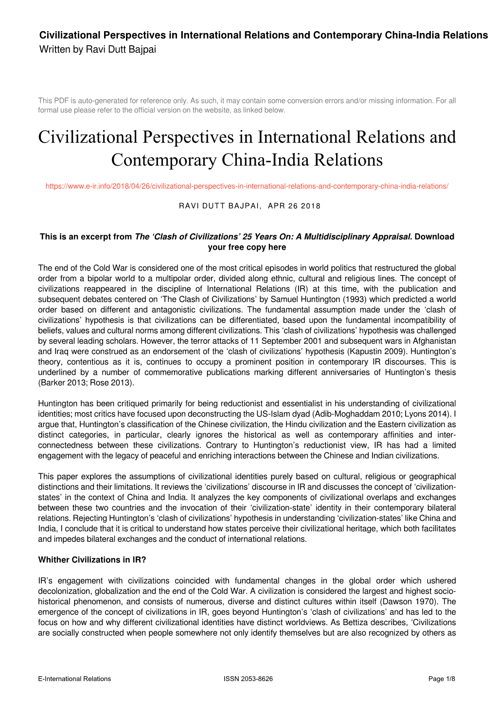 Civilizational Perspectives in International Relations and Contemporary China-India Relations Written by Ravi Dutt Bajpai