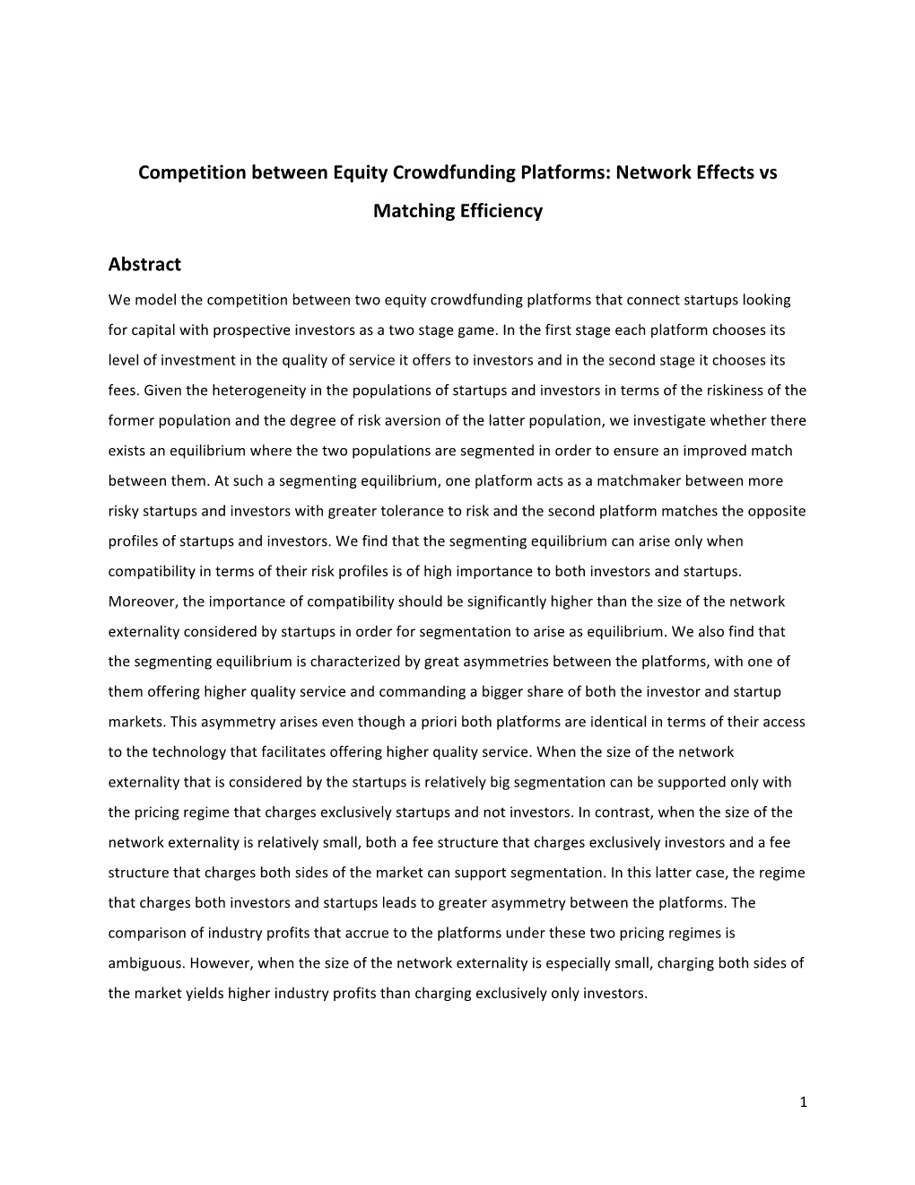 Competition Between Equity Crowdfunding Platforms: Network Effects Vs Matching Efficiency