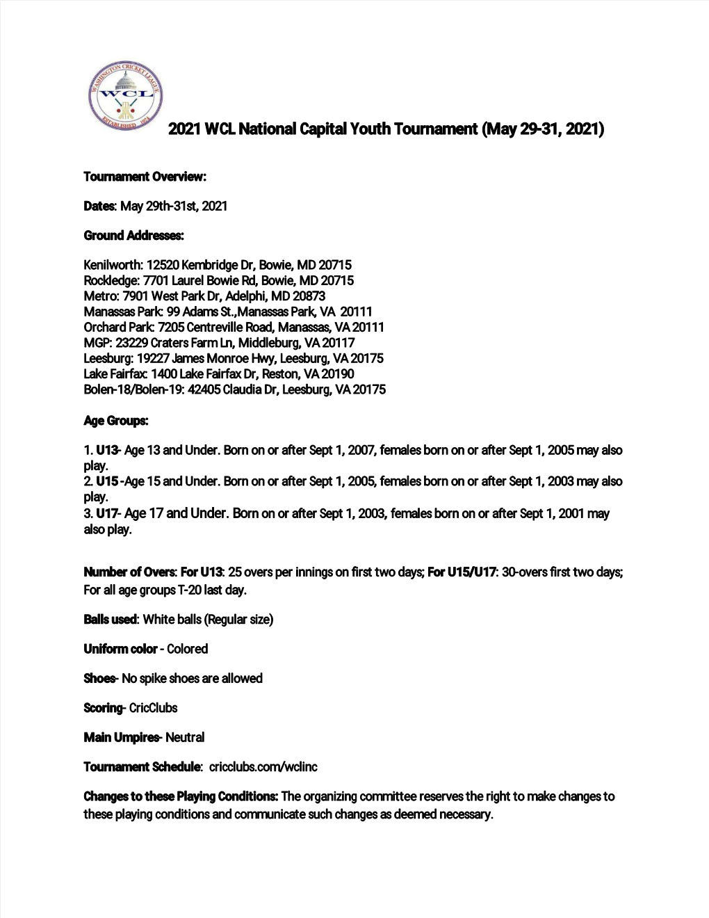 WCL National Capital Youth Tournament 2021