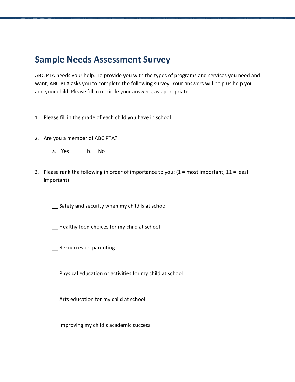 Sample Needs Assessment Survey