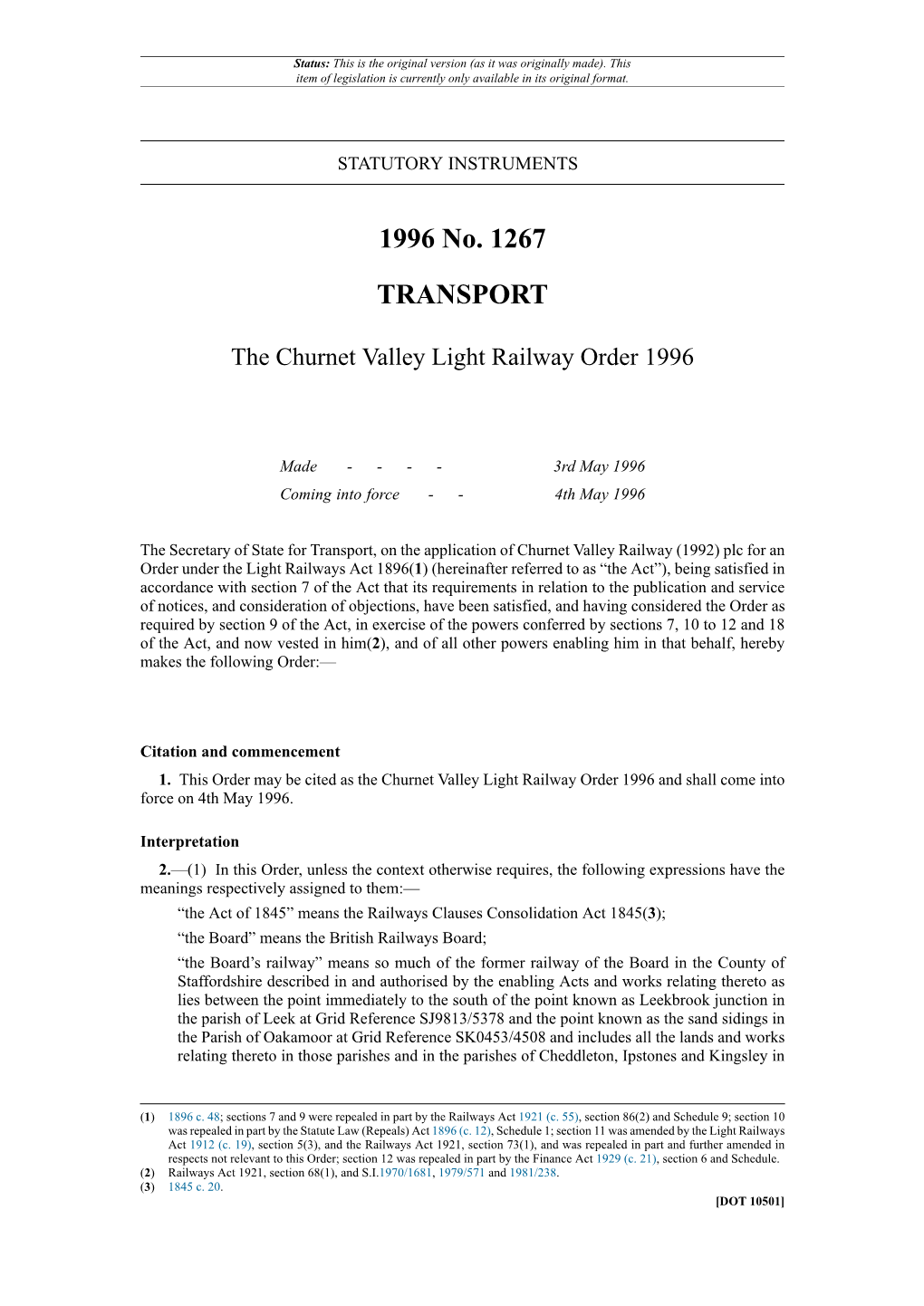 The Churnet Valley Light Railway Order 1996