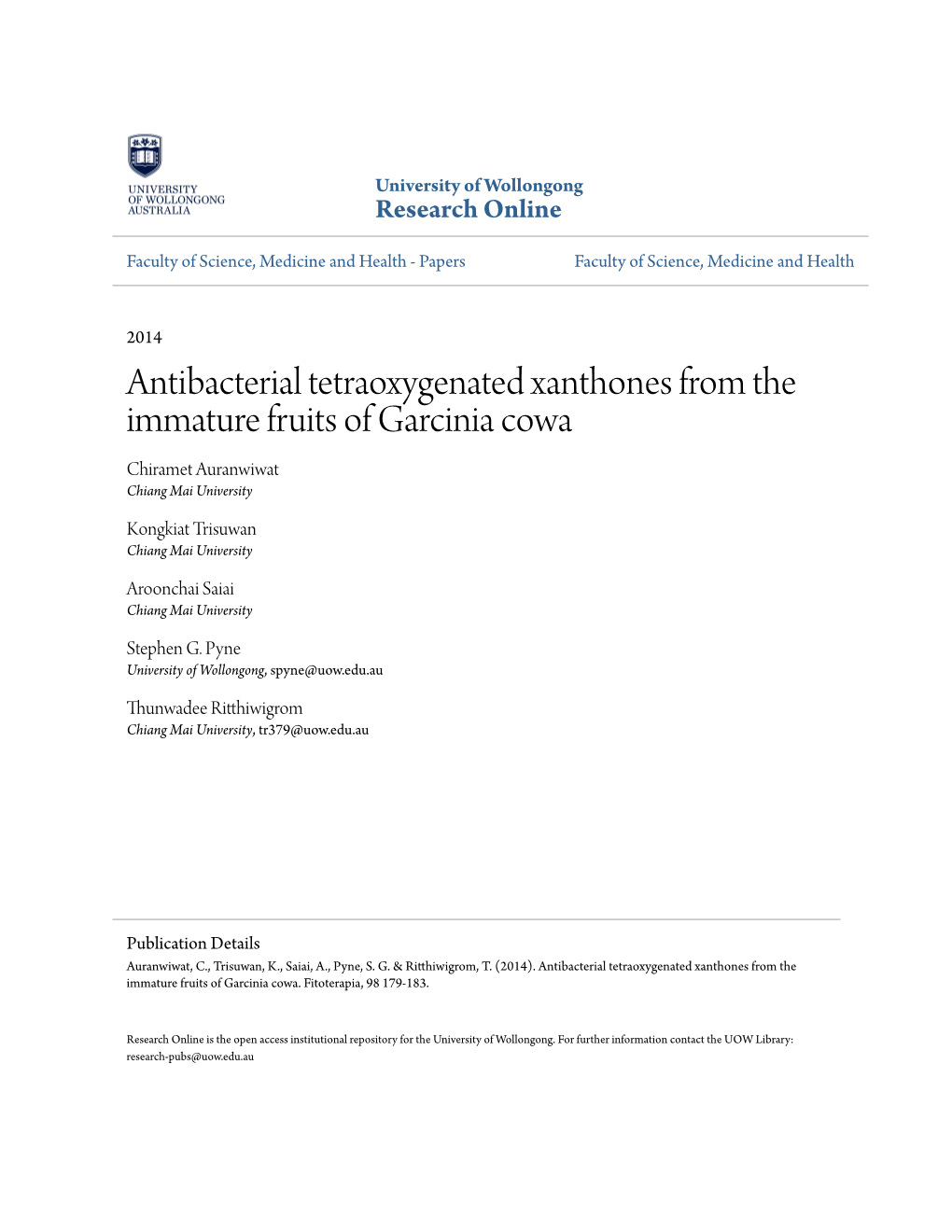 Antibacterial Tetraoxygenated Xanthones from the Immature Fruits of Garcinia Cowa Chiramet Auranwiwat Chiang Mai University