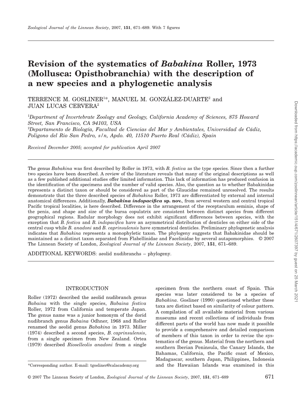 Revision of the Systematics of Babakina Roller, 1973 (Mollusca: Opisthobranchia) with the Description of a New Species and a Phylogenetic Analysis