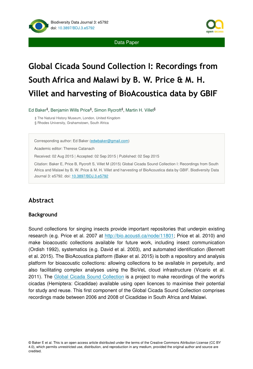 Global Cicada Sound Collection I: Recordings from South Africa and Malawi by B