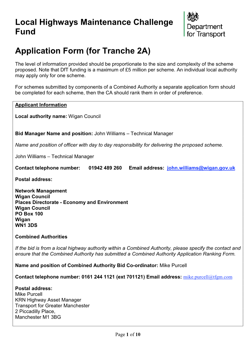 Local Highways Maintenance Challenge Fund Application Form